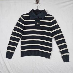 Ralph Lauren Navy and Cream Striped Fold-Over Collar Crewneck